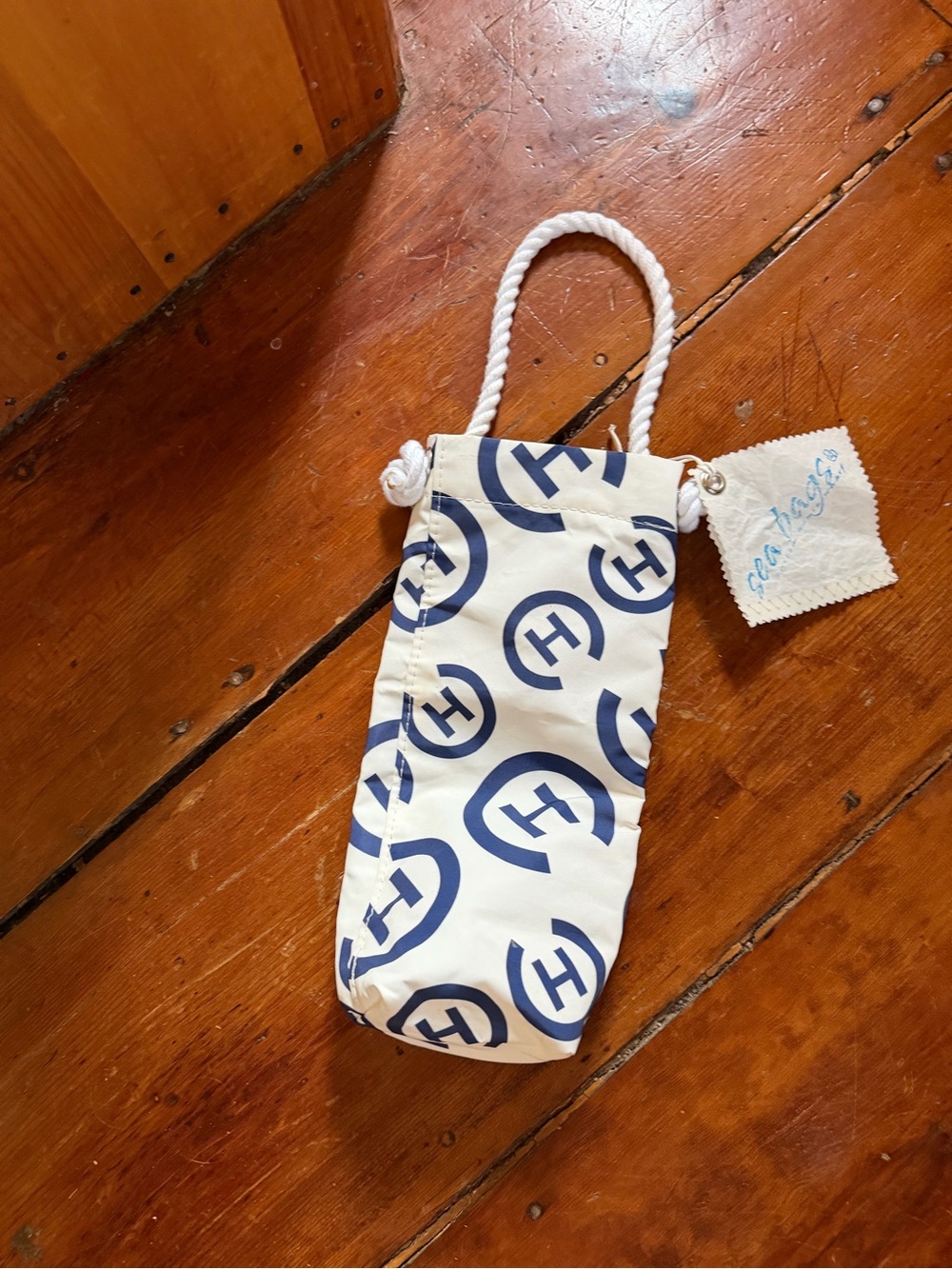 Hermes White & Navy Rope Handle Tote Pouch